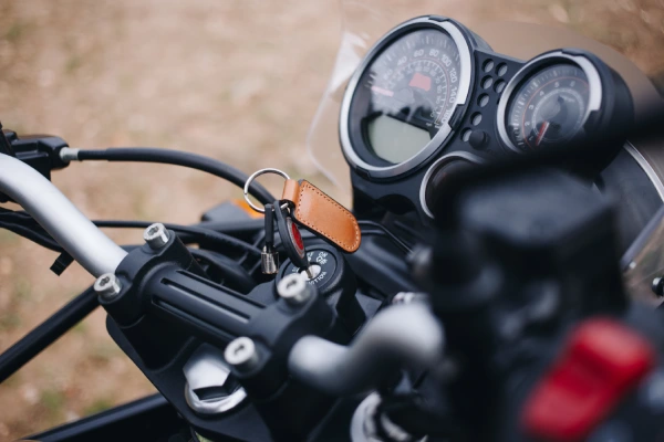 close up of adventure motorcycle steering