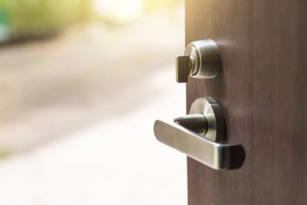 Open the modern wooden door with metal door handles lock to see outside nature view